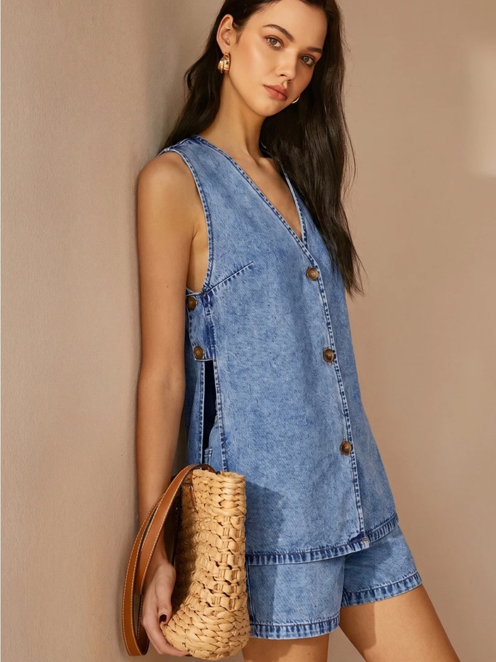 Commense Light Blue Denim Vest & Short Set - Women Jeans